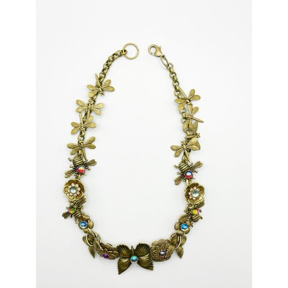 Butterfly, Bees, Dragonflies Floral Goldtone Jeweled Choker Necklace 15.5” - Picture 6 of 8